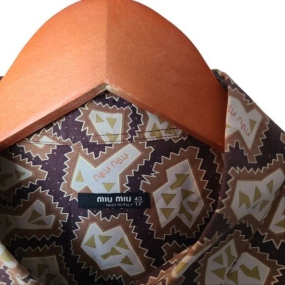 Miu Miu Mens Casual Button Down Shirt Graphic Print Logo All Over Green Brown - Picture 7 of 16